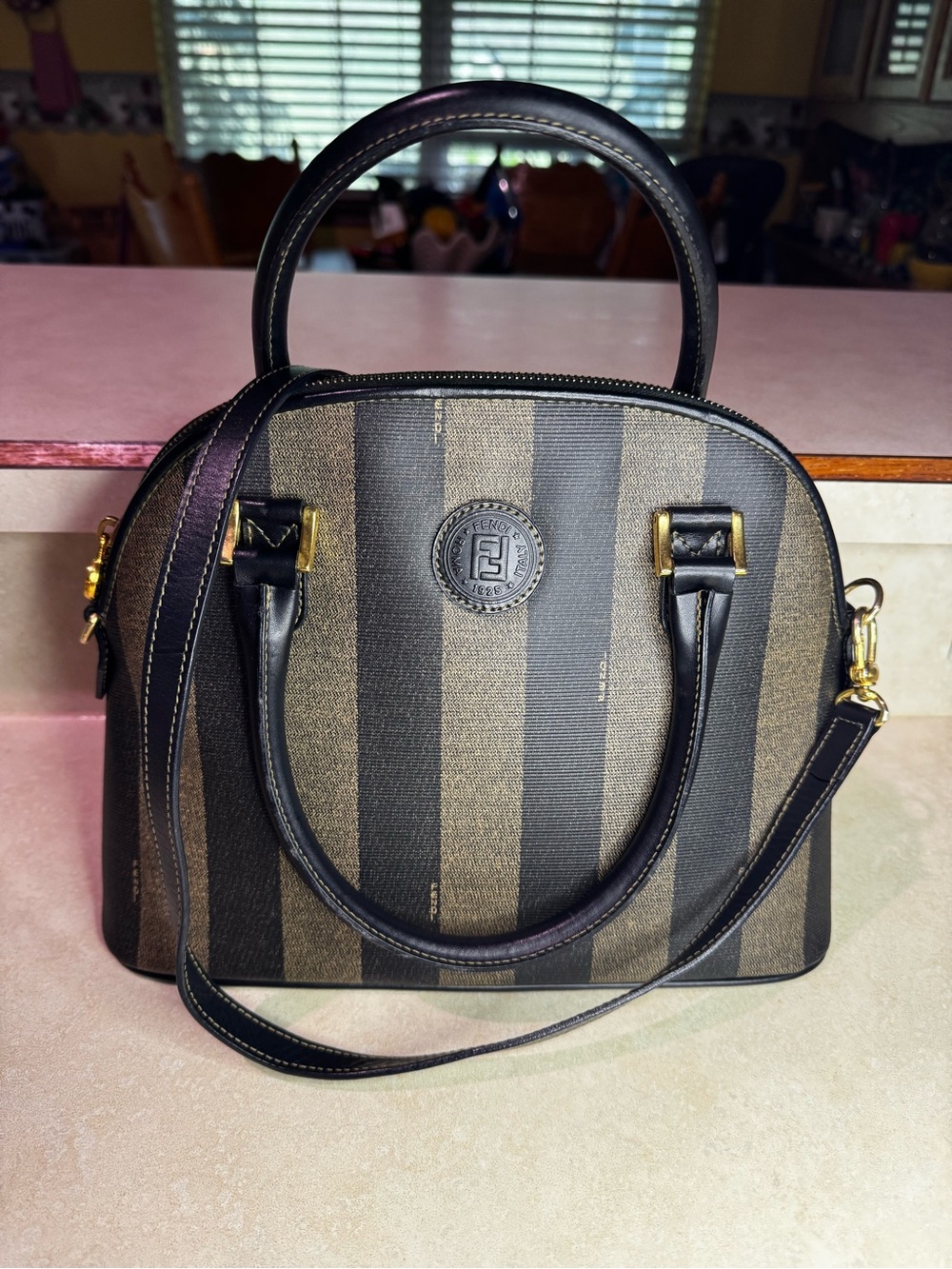 Authentic Vtg Fendi Pequin Brown Black Bold Striped Dome Satchel Pre-owned